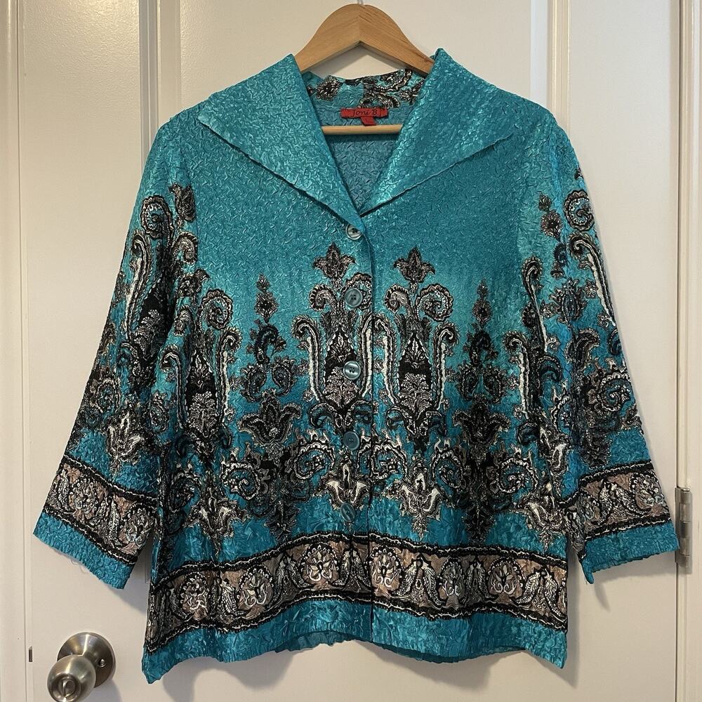 Joni B Turquoise Crinkle Button Down Blouse Dressy Silky Printed Women’s Size L - Picture 2 of 8